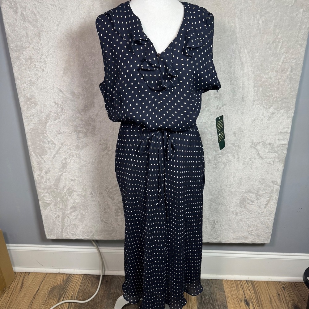 NWT Lauren Ralph Lauren Women 14 Navy Blue Silk Polka Dot Ruffle Midi Dress